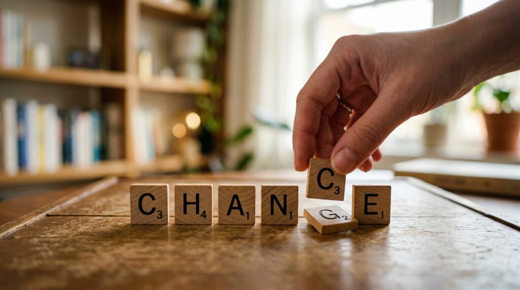 Das Bild zeigt, wie eine Hand durch das ersetzen eines Buchstagenklötzchens aus dem aus Holzklötzchen gebauten Wort Change das Wort Chance macht.