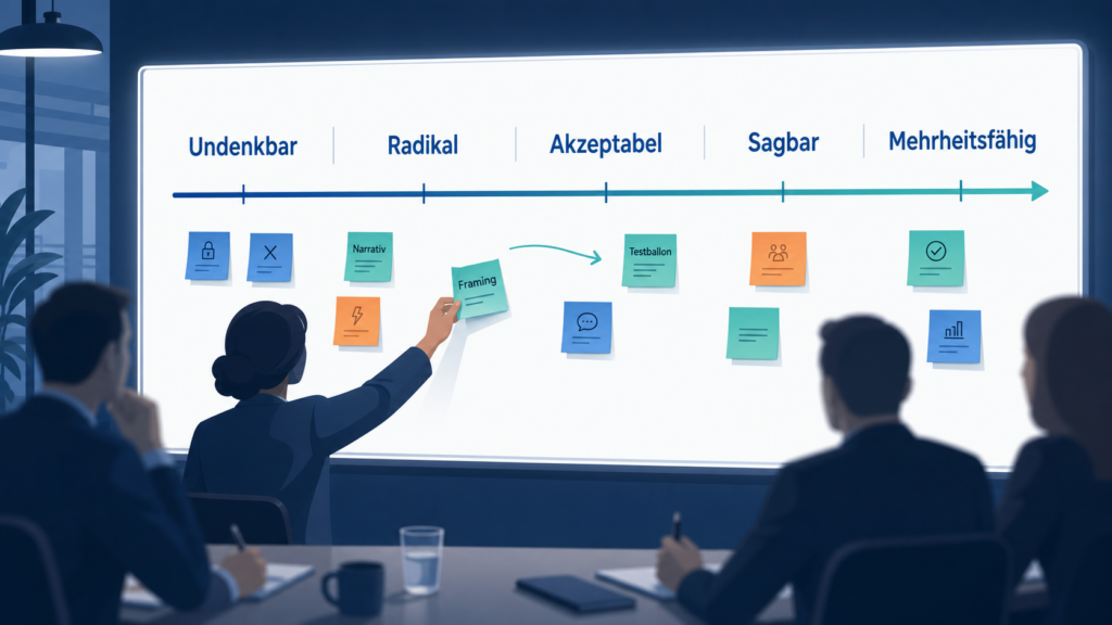 Das BIld ist eine KI generierte Grafik, die das Overton-Window, also die bewusste Diskursverschiebung, visualisiert.