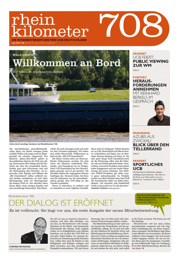 Das Bild zeigt die Titelseite der ersten Ausgabe des Mitarbeitenden-Magazins der UCB am Standort Monheim. 