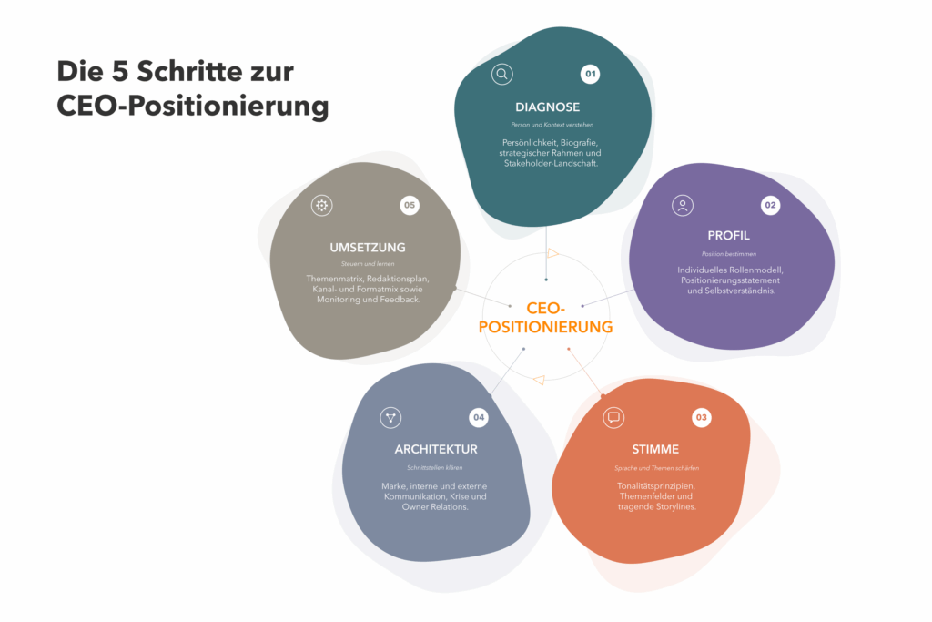 Das Bild zeigt die fünf Elemente (BIG FIVE) beim Vorgehen in der CEO Positionierung.